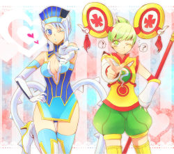 Rule 34 | 10s, 2girls, ?, bare shoulders, blue eyes, blue hair, blue rose (tiger &amp; bunny), breasts, chinese clothes, cleavage, detached sleeves, dragon kid, earrings, elbow gloves, fingernails, fingernails over gloves, gloves, green eyes, green hair, hand on own hip, hat, heart, hip focus, huang baoling, jewelry, karina lyle, konomine, lipstick, makeup, multiple girls, one eye closed, pointing, short hair, shorts, staff, superhero costume, thighhighs, tiger &amp; bunny, wink