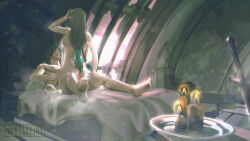 Rule 34 | 1boy, 1girl, abs, absurdres, artist name, beard, bedroom, black hair, bowl, braid, breasts, candle, clive rosfield, couple, cowgirl position, facial hair, final fantasy, final fantasy xvi, hair ribbon, hand on own head, highres, jill warrick, leg grab, light rays, long hair, looking at another, medium breasts, on bed, ribbon, sex, signature, straddling, sunlight, sword, voaleine, weapon