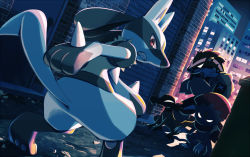 Rule 34 | alley, brick wall, building, clenched teeth, commentary request, creatures (company), furry, game freak, gen 4 pokemon, gen 7 pokemon, gen 8 pokemon, leaf, looking at viewer, looking back, lucario, mofge, night, nintendo, obstagoon, outdoors, pokemon, pokemon (creature), red eyes, salandit, standing, teeth, weavile, window