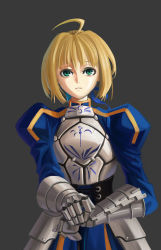 Rule 34 | 1girl, ahoge, armor, armored dress, artoria pendragon (all), artoria pendragon (fate), blonde hair, breastplate, dress, excalibur (fate/stay night), fate/stay night, fate (series), gauntlets, green eyes, hair ribbon, hands on hilt, highres, ribbon, saber (fate), shinn0512, simple background, solo