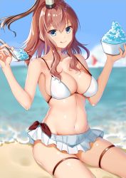 Rule 34 | 1girl, baozha gangbi, bare shoulders, beach, bikini, bikini pull, bikini skirt, blue eyes, blush, breasts, brown hair, closed mouth, clothes pull, clothes writing, collarbone, commentary, english commentary, food, full body, groin, hair between eyes, hair ornament, highres, holding, holding food, kantai collection, large breasts, long hair, looking at viewer, microskirt, navel, ponytail, sand, saratoga (kancolle), shaved ice, side ponytail, sidelocks, sitting, skindentation, skirt, smile, smokestack, solo, spoon, spread legs, string bikini, swimsuit, thigh strap, thighs