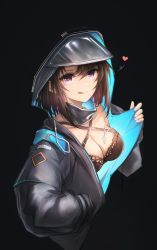 Rule 34 | 1girl, :q, absurdres, arknights, bad id, bad pixiv id, black background, black bra, black coat, blush, bra, breasts, brown hair, chinese commentary, cleavage, closed mouth, coat, commentary request, cosplay, criss-cross halter, cropped torso, detached collar, doctor (arknights), doctor (arknights) (cosplay), halterneck, hand in pocket, heart, highres, hood, hood up, hooded coat, jueduihuoli, long sleeves, looking at viewer, medium breasts, open clothes, open coat, priestess (arknights), purple eyes, short hair, simple background, smile, solo, tongue, tongue out, underwear
