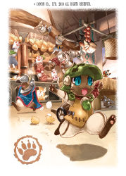 Rule 34 | 1boy, 2010, :3, :d, acorn, animal hands, armor, arms up, barrel, bell, bird, blue hair, brown gloves, capcom, cat, character request, chef hat, chick, chicken, climbing, closed eyes, collar, cooking, egg, fang, felyne, fire, fireplace, fish, food, furry, furry male, fuse ryuuta, gauntlets, gloves, goggles, goggles on head, hat, helmet, highres, indoors, jar, jingle bell, kitchen, meat, monster hunter (series), nekoht, no pants, open mouth, outstretched arm, peeking out, plate, plesioth, pot, red eyes, ryuuta (ipse), sharp teeth, shoulder spikes, single glove, smile, spikes, teeth, whiskers, white hat