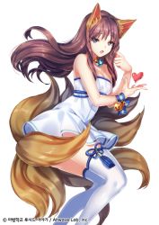 Rule 34 | 1girl, animal ears, bell, blue eyes, breasts, brown hair, cleavage, dress, floating hair, fox ears, fox tail, hair between eyes, heart, jewelry, long hair, looking at viewer, medium breasts, multiple tails, necklace, open mouth, original, pleated dress, ribbon, short dress, sila (carpen), simple background, sleeveless, sleeveless dress, solo, strapless, strapless dress, tail, thighhighs, very long hair, white background, white dress, white thighhighs, wrist ribbon, zettai ryouiki