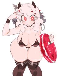 Rule 34 | 1girl, arm up, bikini, breasts, heart, heart-shaped pupils, helltaker, highres, horns, large breasts, leaning forward, modeus (helltaker), red eyes, solo, swimsuit, symbol-shaped pupils, thick thighs, thigh gap, thighhighs, thighs, usa37107692, white hair, wide hips