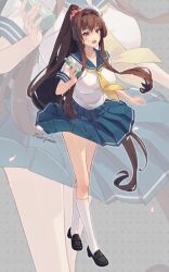 Rule 34 | 1girl, alternate costume, artist name, black footwear, blue skirt, blush, bottle, breasts, brown hair, cherry blossoms, commentary request, falling petals, full body, glass bottle, hair intakes, highres, himeyamato, holding, holding bottle, kantai collection, kneehighs, large breasts, loafers, long hair, looking at viewer, necktie, open mouth, petals, pleated skirt, ponytail, puffy short sleeves, puffy sleeves, ramune, red eyes, sailor collar, school uniform, shirt, shoes, short sleeves, signature, skirt, smile, socks, solo, very long hair, white shirt, white socks, yamato (kancolle), yellow necktie, zoom layer