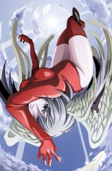 Rule 34 | 1girl, blue eyes, breasts, day, feathers, female focus, final fantasy, final fantasy tactics, full body, head wings, leotard, outdoors, red leotard, silver hair, sky, solo, sun, thighhighs, tsukumo (soar99), ultima (fft), wings