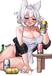 Rule 34 | :3, absurdres, ahoge, alcohol, auraaa, bare shoulders, blush, bow, bow panties, breasts, cleavage, closed eyes, drunk, glasses, highres, large breasts, lorel (auraaa), original, owl girl, panties, pointy ears, removing jacket, shiny skin, sweat, tank top, thick thighs, thighs, tipsy, underwear, white hair, white tank top