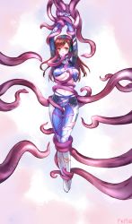 Rule 34 | 1girl, absurdres, arms up, bad id, bad pixiv id, blush, bodysuit, bound, bound legs, bound wrists, breasts, brown hair, cameltoe, d.va (overwatch), dated, facepaint, full body, gloves, headset, highres, large breasts, long hair, looking at viewer, overwatch, overwatch 1, pilot suit, pukel, restrained, ribbed bodysuit, signature, solo, suspension, tears, tentacles, thigh gap, torn bodysuit, torn clothes, underboob, white gloves