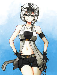 Rule 34 | 1girl, animal ears, arknights, bandeau, black gloves, black shorts, cabbie hat, cliffheart (arknights), collarbone, commentary request, cowboy shot, gloves, grey eyes, hair between eyes, hat, highres, jacket, jewelry, leopard ears, leopard tail, looking at viewer, mango (hebimango), navel, necklace, partial commentary, short hair, short shorts, shorts, silver hair, sleeveless, sleeveless jacket, smile, solo, standing, stomach, strapless, tail, tube top, white hat, white jacket