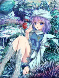 Rule 34 | 1girl, absurdres, apple, bad id, bad pixiv id, blue eyes, food, frozen, fruit, hat, highres, ice, letty whiterock, light purple hair, nature, open mouth, seneto, touhou