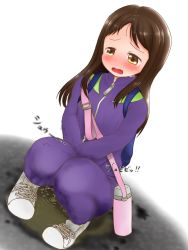 Rule 34 | 1girl, aruta (omoalta), backpack, bag, between legs, blush, bottle, brown hair, character request, crying, embarrassed, female focus, full body, half-closed eyes, hand between legs, have to pee, highres, jacket, knees together feet apart, long hair, long sleeves, open mouth, own hands together, pants, peeing, peeing in bottle, peeing self, pigeon-toed, puddle, purple jacket, purple pants, shoes, simple background, solo, squatting, tears, text focus, track jacket, track suit, translation request, v arms, wet, wet clothes, white background, white footwear, yellow eyes