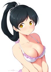 Rule 34 | 1girl, artist name, bare arms, bare shoulders, bikini, black hair, blush, bow, bow bikini, breasts, cleavage, closed mouth, collarbone, frilled bikini, frills, hair ribbon, halterneck, hazuki ren, high ponytail, highres, long hair, looking at viewer, love live!, love live! superstar!!, medium breasts, pink bow, ponytail, ribbon, signature, simple background, solo, standing, sweat, swept bangs, swimsuit, unsfrau, upper body, v arms, wavy mouth, white background, white bikini, white ribbon, yellow eyes