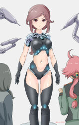 Rule 34 | 3girls, absurdres, ahoge, arms at sides, asticassia school uniform, belmeria winston, black hair, brown eyes, brown hair, commentary request, cyborg, grey background, gundam, gundam suisei no majo, highres, joints, long hair, looking at another, low ponytail, mechanization, multiple girls, navel, petra itta, rasen manga, red hair, robot joints, school uniform, standing, suletta mercury