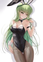 Rule 34 | 1girl, absurdres, alternate costume, animal ears, arm at side, arm strap, armpit crease, bare shoulders, black bow, black bowtie, black leotard, blush, bow, bowtie, breasts, budgiepon, c.c., cleavage, code geass, commentary, curvy, detached collar, drop shadow, eyelashes, fake animal ears, green hair, hair between eyes, hair over shoulder, hand up, head tilt, highleg, highleg leotard, highres, leotard, lips, long hair, looking at viewer, medium breasts, pantyhose, parted lips, playboy bunny, rabbit ears, simple background, smile, solo, straight hair, strapless, strapless leotard, thigh gap, thighs, very long hair, white background, white wrist cuffs, wrist cuffs, yellow eyes