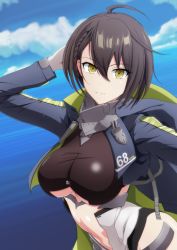 Rule 34 | 1girl, ahoge, arm behind head, arm up, armor, azur lane, baltimore (azur lane), blue coat, blue sky, braid, breasts, brown hair, center opening, clothing cutout, cloud, coat, commentary request, cowboy shot, day, faulds, french braid, gloves, groin, hair between eyes, highres, hood, hood down, hooded coat, large breasts, long sleeves, looking at viewer, makiri akira, multicolored coat, navel, ocean, outdoors, short hair, sidelocks, sky, smile, solo, standing, taut clothes, underboob, underboob cutout, visor (armor), white gloves, yellow eyes