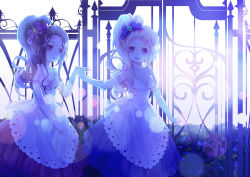 Rule 34 | 2girls, 54hao, :d, backlighting, bare shoulders, blonde hair, blue bow, blue skirt, bow, breasts, commentary request, dress, elbow gloves, forehead, gate, gloves, hair bow, hair ornament, high ponytail, highres, holding hands, long hair, multiple girls, open mouth, original, parted bangs, pleated skirt, ponytail, purple bow, purple hair, red eyes, red skirt, siblings, sisters, skirt, sleeveless, sleeveless dress, small breasts, smile, striped, striped bow, twins, very long hair, white background, white dress, white gloves, x hair ornament