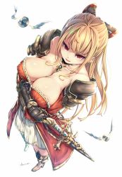 Rule 34 | 10s, 1girl, bad id, bad nicoseiga id, bare shoulders, black thighhighs, blonde hair, blush, bow, breasts, cleavage, dress, from above, granblue fantasy, hair between eyes, hair bow, hair ornament, large breasts, long hair, looking at viewer, looking up, open mouth, ponytail, red eyes, simple background, smile, solo, standing, sword, thighhighs, vira (granblue fantasy), weapon, white background, yoshikanakamura
