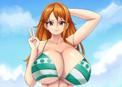 Rule 34 | 1girl, arm up, bikini, breasts, brown eyes, cleavage, cloudyb1ts, highres, huge breasts, long hair, looking at viewer, nami (one piece), one piece, orange hair, smile, solo, swimsuit, upper body