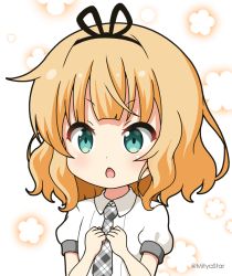 Rule 34 | 1girl, blonde hair, blue eyes, blush, chestnut mouth, chibi, collared shirt, commentary request, gochuumon wa usagi desu ka?, hands up, kirima syaro, mitya, necktie, own hands together, parted lips, plaid necktie, puffy short sleeves, puffy sleeves, shirt, short sleeves, solo, twitter username, upper body, white background, white shirt