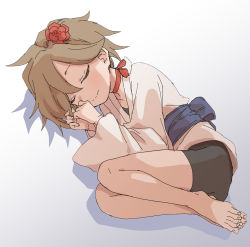 Rule 34 | 1girl, ass, barefoot, bike shorts, black shorts, brown hair, brown kimono, closed eyes, closed mouth, commentary request, feet, flower, full body, gradient background, grey background, hair between eyes, hair flower, hair ornament, hands up, highres, japanese clothes, kagetsu (kunoichi tsubaki no mune no uchi), kimono, kunoichi tsubaki no mune no uchi, long sleeves, lying, obi, on side, red flower, sash, shadow, short shorts, shorts, smile, solo, white background, wide sleeves, yamamoto souichirou