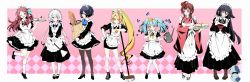 Rule 34 | 6+girls, ;d, apron, aqua hair, bag, baguette, black dress, black footwear, black hair, black legwear, black skirt, blonde hair, blue eyes, blue neckwear, blush, bobby socks, boots, bow, bowl, bowtie, bread, broom, brown footwear, brown hair, bug, butterfly, cake, cake slice, closed mouth, clothes, collared dress, cross-laced footwear, cup, da huang, dango, dog, dress, duster, flower, food, fruit, gloves, green bow, green hair, grocery bag, hair bow, hair ornament, hair over one eye, hand on own hip, heart, heart hair, highres, holding, holding bag, holding broom, holding flower, holding tray, hoshikawa lily, insect, japanese clothes, kimono, konno junko, leaning to the side, leg up, light smile, loafers, long hair, long sleeves, looking at another, looking at viewer, low twintails, maid, maid apron, maid headdress, mary janes, medium dress, minamoto sakura, mizuno ai, multicolored hair, multiple girls, neck ribbon, necktie, nikaidou saki, one eye closed, open mouth, orange eyes, orange hair, orange neckwear, outside border, paper bag, pet bowl, pink background, pink bow, pink neckwear, polka dot, polka dot bow, ponytail, red eyes, red hair, red kimono, ribbon, romero (zombie land saga), sandals, sanshoku dango, shoes, shopping bag, short dress, short sleeves, sidelocks, silver hair, skirt, skirt hold, sleeves past wrists, sleeves rolled up, smile, socks, standing, standing on one leg, star (symbol), star hair ornament, strawberry, striped clothes, striped kimono, swept bangs, tabi, teacup, thighhighs, tray, twintails, v-shaped eyebrows, wa maid, wagashi, watering can, white apron, white gloves, white legwear, white neckwear, wide sleeves, wing collar, yamada tae, yellow eyes, yellow neckwear, yuugiri (zombie land saga), zettai ryouiki, zombie, zombie land saga
