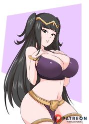 Rule 34 | 1girl, black hair, breasts, fire emblem, fire emblem awakening, hands on own chest, large breasts, lips, looking at viewer, navel, nintendo, revista-paradoja, solo, tharja (fire emblem), watermark, web address, wristband