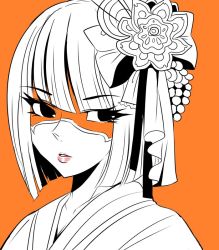 Rule 34 | 1girl, arms (game), black eyes, eyelashes, face, female focus, flower, grin, hair flower, hair ornament, japanese clothes, kimono, lips, looking at viewer, mask, min min (arms), monochrome, nintendo, orange background, pink lips, short hair, smile, solo, solo focus