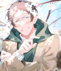 Rule 34 | 1boy, absurdres, adachi tooru, alternate costume, blue sky, brown coat, brown hair, cherry blossoms, coat, collared shirt, commentary request, day, flower, glasses, green hoodie, grey eyes, grin, gusha rotei, hand up, highres, hood, hood down, hoodie, long sleeves, looking at viewer, male focus, open clothes, open coat, open mouth, outdoors, persona, persona 4, shirt, short hair, sky, smile, solo, spring (season), teeth, upper body, white flower, white shirt