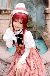 Rule 34 | 1girl, asian, blue eyes, color contacts, cosplay, dress, esther blanchett, esther blanchett (cosplay), fountain, frog, kipi-san, looking at viewer, mole, outdoors, photo (medium), puffy sleeves, red hair, sitting, solo, statue, trinity blood