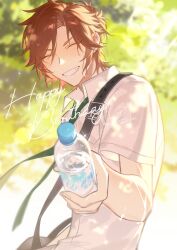Rule 34 | 1boy, absurdres, aleo, artist name, bag, blurry, blurry background, bottle, brown hair, chinese commentary, closed eyes, commentary request, dated, english text, ensemble stars!, facing viewer, fingernails, green necktie, highres, holding, holding bottle, male focus, mikejima madara, necktie, outdoors, school uniform, shirt, short hair, short sleeves, shoulder bag, smile, solo, teeth, upper body, white shirt