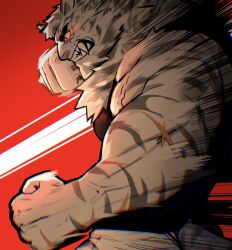 Rule 34 | 1boy, akamimaguro1142, animal ears, arknights, bara, black tank top, clenched hands, clenched teeth, commentary request, fangs, furry, furry male, glowing, glowing eyes, highres, incoming gift, male focus, mountain (arknights), multiple scars, pants, profile, punching, red background, red eyes, scar, scar across eye, scar on arm, scar on face, tail, tank top, teeth, tiger boy, tiger ears, tiger stripes, tiger tail, white pants