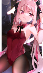 Rule 34 | 1girl, absurdres, anfuji uiro, animal ears, arm up, bare shoulders, black pantyhose, breasts, covered navel, detached collar, fake animal ears, groin, highres, leotard, long hair, open mouth, pantyhose, pink eyes, pink hair, playboy bunny, rabbit ears, red leotard, ribbon, small breasts, smile, solo, strapless, strapless leotard, thighs, tomari mari, tomari mari channel, twintails, very long hair, virtual youtuber, wrist cuffs