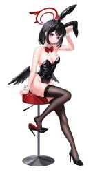 Rule 34 | 1girl, absurdres, animal ears, armpits, black footwear, black hair, black leotard, black thighhighs, black wings, blue archive, blush, chair, closed mouth, detached collar, fake animal ears, fake tail, feathered wings, halo, high heels, highres, leotard, looking at viewer, low wings, mashiro (blue archive), nyanbutter, purple eyes, rabbit ears, rabbit tail, red halo, short hair, simple background, solo, strapless, strapless leotard, tail, thighhighs, white background, winged halo, wings, wrist cuffs