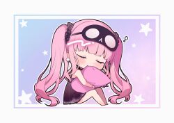 Rule 34 | 1girl, barefoot, black choker, black mask, black nightgown, black scrunchie, blunt bangs, blush, chibi, choker, closed eyes, closed mouth, commentary, earrings, hair ornament, hair scrunchie, highres, holding, holding pillow, hololive, hololive english, jewelry, long hair, mask, mori calliope, mori calliope (sleepwear), nightgown, pillow, pink hair, scrunchie, sidelocks, skull earrings, sleep mask, symbol-only commentary, twintails, uehara (dormmmmir ), virtual youtuber