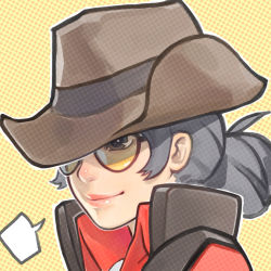 Rule 34 | 1girl, black eyes, black hair, blush, brown hat, closed mouth, genderswap, genderswap (mtf), hat, looking away, red sniper (tf2), short hair, smile, sniper (tf2), solo, speech bubble, sunglasses, team fortress 2, upper body, wahae