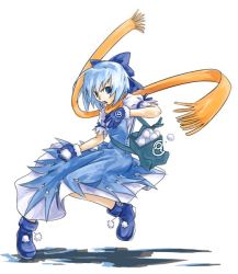 Rule 34 | circled 9, 1girl, blue eyes, blue hair, boots, bow, cirno, cirno-nee, orange scarf, scarf, short hair, snowball, solo, touhou, wings, y/n
