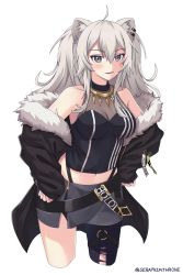 Rule 34 | 1girl, absurdres, ahoge, animal ears, asymmetrical legwear, bare shoulders, black jacket, black pantyhose, black shirt, blouse, blush, breasts, cleavage, crop top, ear piercing, fang, fur-trimmed jacket, fur trim, grey eyes, grey hair, grey skirt, hair between eyes, hands on own hips, highleg, highres, hololive, jacket, jewelry, large breasts, lion ears, lion girl, long hair, looking at viewer, miniskirt, necklace, o-ring, o-ring thigh strap, off shoulder, pantyhose, parted lips, partially unzipped, piercing, see-through, see-through cleavage, seraphim throne, shirt, shishiro botan, shishiro botan (1st costume), sidelocks, simple background, single leg pantyhose, skin tight, skirt, sleeveless, sleeveless shirt, smile, solo, thigh strap, torn clothes, torn pantyhose, twitter username, two side up, uneven legwear, upper body, virtual youtuber, white background, zipper skirt
