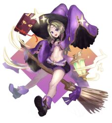 Rule 34 | 1girl, ahoge, bare shoulders, belt, blonde hair, book, breasts, broom, broom riding, fire emblem, fire emblem awakening, fire emblem heroes, floating, floating book, floating object, full body, hat, highres, leon0630claude, long hair, long sleeves, looking at viewer, nintendo, nowi (fire emblem), nowi (halloween) (fire emblem), official alternate costume, open mouth, pointy ears, purple eyes, purple hat, short shorts, shorts, sleeves past fingers, sleeves past wrists, small breasts, solo, teeth, upper teeth only, wide sleeves, witch hat
