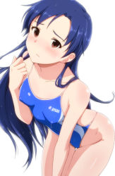 Rule 34 | 1girl, blue hair, blue one-piece swimsuit, blush, breasts, brown eyes, collarbone, competition swimsuit, copyright name, covered erect nipples, groin, highres, idolmaster, idolmaster (classic), kisaragi chihaya, leaning forward, long hair, looking at viewer, one-piece swimsuit, simple background, small breasts, solo, sweat, sweatdrop, swimsuit, tengu (tetuo kun), wet, white background