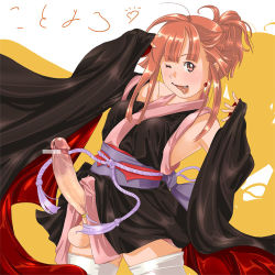 Rule 34 | 1girl, ;p, bar censor, blush, cape, censored, earrings, erection, fang, fangs, full-package futanari, futanari, japanese clothes, jewelry, kimono, obi, one eye closed, penis, pointless censoring, red hair, sash, solo, testicles, thighhighs, tongue, tongue out, transparent censoring, vampire, white thighhighs, wink, yozora