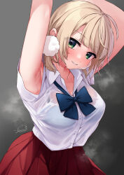 Rule 34 | 1girl, armpits, arms up, artist name, blonde hair, blue bow, blue bowtie, blue bra, blunt bangs, blush, bow, bowtie, bra, bra visible through clothes, commentary request, dress shirt, festa11307070, gradient background, green eyes, grey background, hair ornament, indie virtual youtuber, looking at viewer, official alternate costume, outstretched arms, paid reward available, parted lips, pleated skirt, pom pom (clothes), pom pom hair ornament, presenting armpit, red skirt, school uniform, see-through, see-through shirt, shigure ui (vtuber) (2nd costume), shigure ui (vtuber), shirt, signature, simple background, skirt, smell, solo, steaming body, sweat, underwear, upper body, virtual youtuber, wet, wet clothes, wet shirt, white shirt