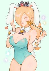 Rule 34 | 1girl, animal ears, blonde hair, blue background, blue eyes, breasts, cleavage, closed eyes, collar, covered eyes, crown, detached collar, earrings, heart, highres, jewelry, jivke, large breasts, leotard, lipstick, makeup, mario (series), md5 mismatch, nintendo, one eye covered, pale skin, playboy bunny, rabbit ears, rabbit tail, rosalina, simple background, solo, star (symbol), star earrings, super mario galaxy, tail, thick thighs, thighs, wand