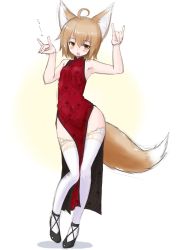 Rule 34 | 1girl, ahoge, animal ears, armpits, bare hips, bare shoulders, brown hair, china dress, chinese clothes, double fox shadow puppet, dress, fox ears, fox shadow puppet, fox tail, full body, highres, kurotsutsuki, looking at viewer, open mouth, orange eyes, original, pelvic curtain, short hair, side slit, simple background, sleeveless, sleeveless dress, solo, standing, tail, thighhighs, thighs, white thighhighs, wide hips