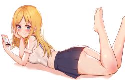 Rule 34 | 1girl, barefoot, black skirt, blonde hair, blouse, blue eyes, blue sailor collar, blush, breasts, c8oyk, cellphone, closed mouth, colored shadow, commentary, hand on own face, hands up, hayasaka ai, haysaca a. smithee, holding, holding phone, kaguya-sama wa kokurasetai ~tensai-tachi no renai zunousen~, legs up, long hair, looking at viewer, looking to the side, lying, medium breasts, midriff, on stomach, parted bangs, phone, pleated skirt, sailor collar, shadow, shirt, short sleeves, skirt, smile, solo, symbol-only commentary, the pose, white background, white shirt