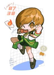 Rule 34 | 1girl, black footwear, blush, boned meat, brown eyes, brown hair, btmr game, chibi, clenched hands, clothes around waist, dated, food, food on face, happy birthday, houndstooth, leg up, meat, mouth hold, neckerchief, one eye closed, persona, persona 4, pleated skirt, sailor collar, satonaka chie, school uniform, serafuku, short hair, signature, skirt, socks, solo, white socks, yasogami school uniform, yellow neckerchief