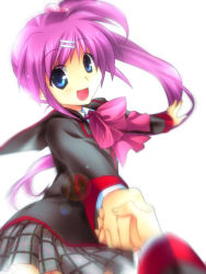 Rule 34 | 1boy, 1girl, :d, blue eyes, bow, bowtie, couple, hetero, holding hands, little busters!, long hair, long sleeves, looking at viewer, open mouth, outstretched arm, pink bow, pink bowtie, pink hair, pov, purple hair, ribbon, saigusa haruka, satomi yoshitaka, school uniform, serafuku, simple background, skirt, smile, solo focus, white background
