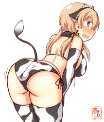 Rule 34 | 1girl, alternate costume, anal tail, animal ears, animal print, aqua eyes, artist logo, ass, bikini, blonde hair, blush, breasts, butt plug, commentary request, cow ears, cow horns, cow print, cow tail, cowboy shot, dated, elbow gloves, fake animal ears, fake horns, fake tail, from behind, gloves, horns, kanon (kurogane knights), kantai collection, large breasts, leaning forward, long hair, looking back, nose blush, one-hour drawing challenge, prinz eugen (kancolle), sex toy, side-tie bikini bottom, simple background, solo, swimsuit, tail, thighhighs, twintails, white background, white bikini, white gloves, white thighhighs