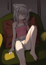 Rule 34 | 1girl, absurdres, alternate costume, animal ear fluff, animal ears, bare shoulders, barefoot, blue archive, breasts, camisole, cat ears, chair, closed eyes, crack of light, cross hair ornament, earrings, feet on chair, foot out of frame, goyain, grey hair, hair ornament, highres, hizashi no naka no real, jewelry, knee up, medium hair, panties, parted lips, pillow, pink shirt, shiroko (blue archive), shirt, sitting, sleeping, small breasts, solo, stud earrings, underwear, white panties