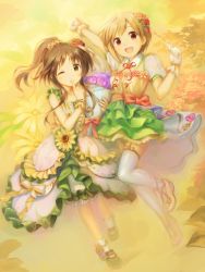 Rule 34 | 2girls, :d, aiba yumi, arm up, blonde hair, blush, bouquet, bow, brown eyes, brown hair, choker, commentary request, dress, finger to mouth, floral print, flower, flower ornament, frilled dress, frills, full body, garter straps, gloves, hair flower, hair ornament, highres, holding, holding bouquet, idolmaster, idolmaster cinderella girls, idolmaster cinderella girls starlight stage, long hair, looking at viewer, mary janes, multiple girls, neck ribbon, one eye closed, open mouth, ponytail, puffy short sleeves, puffy sleeves, ribbon, shoes, short hair, short sleeves, shushing, smile, socks, takamori aiko, takoyaki (roast), thighhighs, wrist cuffs